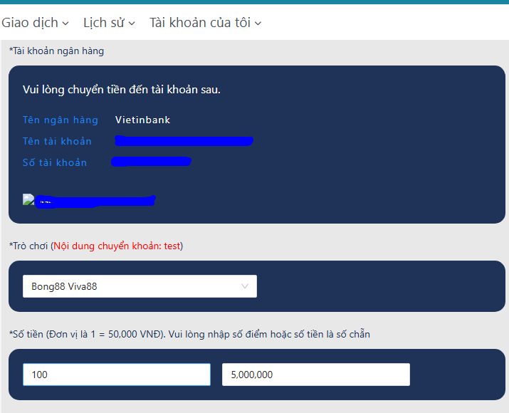 Điền số tiền nạp
