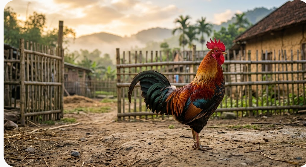 Chú gà trống lông sặc sỡ đứng một mình giữa sân đất quê lúc bình minh