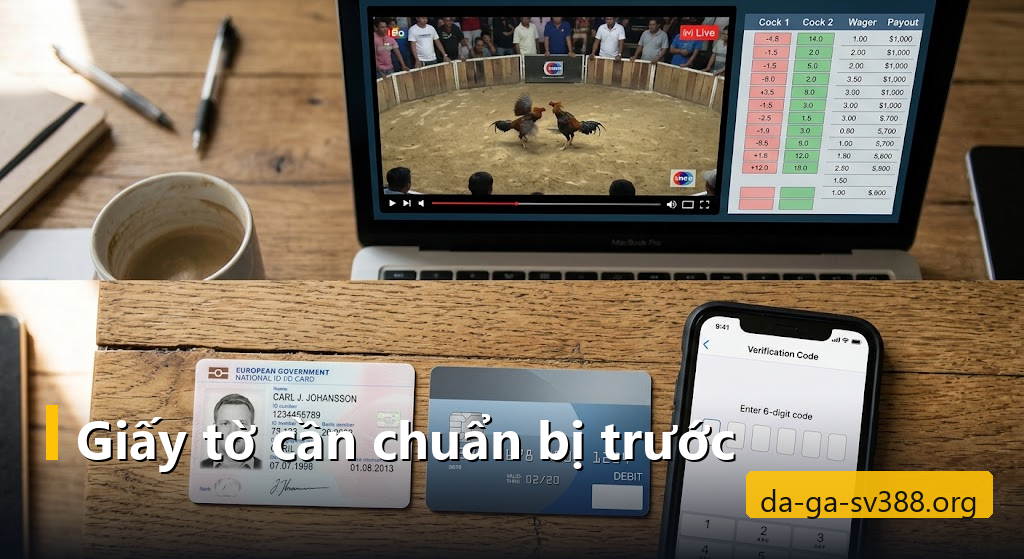 Giấy tờ tuỳ thân và thẻ ngân hàng đặt cạnh điện thoại nhập mã xác minh