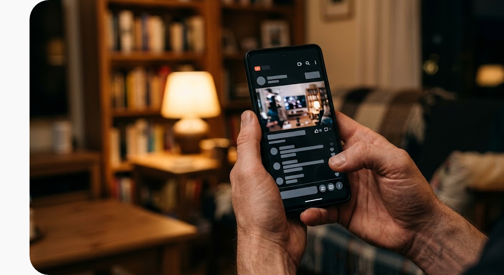 Hai bàn tay cầm điện thoại đang mở giao diện xem video trực tiếp trong phòng khách buổi tối