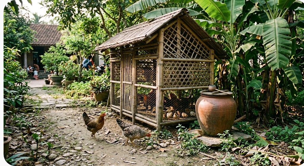 Chuồng gà tre đan thủ công đặt trong vườn nhà quê với lu nước và tàu lá chuối