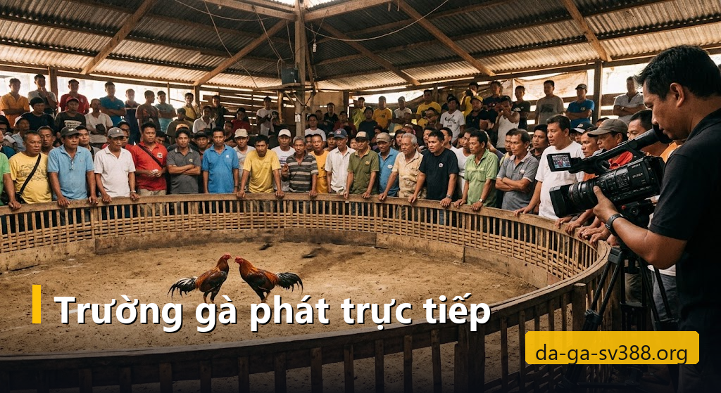 Trường gà mái che tôn với khán giả đứng quanh vòng cát và camera ghi hình