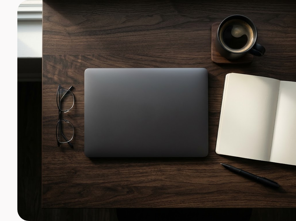 Góc bàn làm việc gỗ sẫm nhìn từ trên xuống với laptop đóng, sổ trắng và tách cà phê