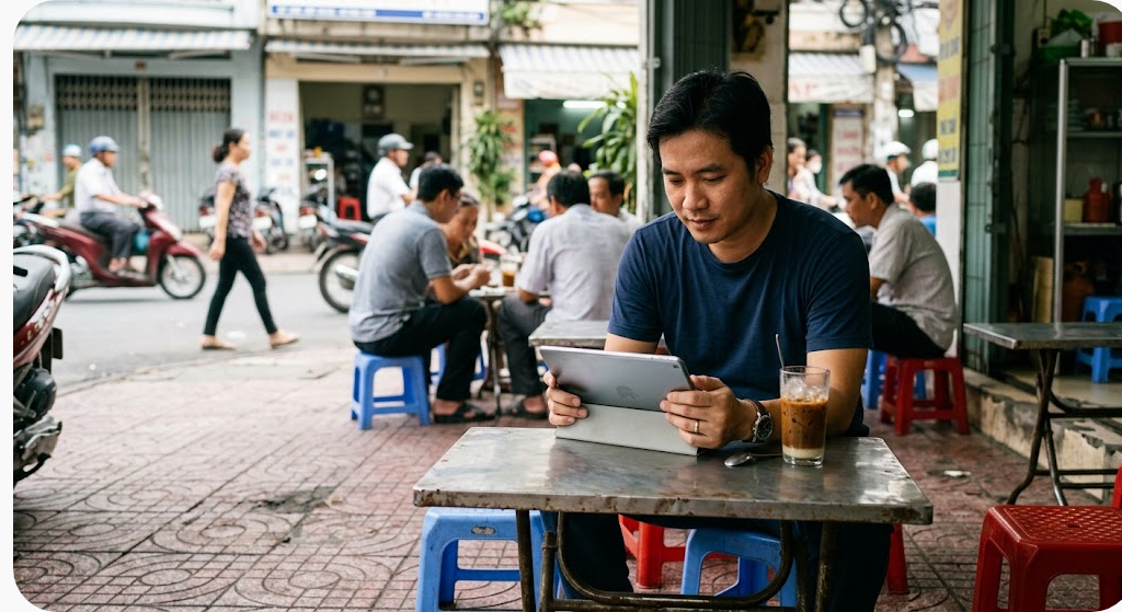 Người đàn ông ngồi quán cà phê vỉa hè xem video trên máy tính bảng bên ly cà phê đá