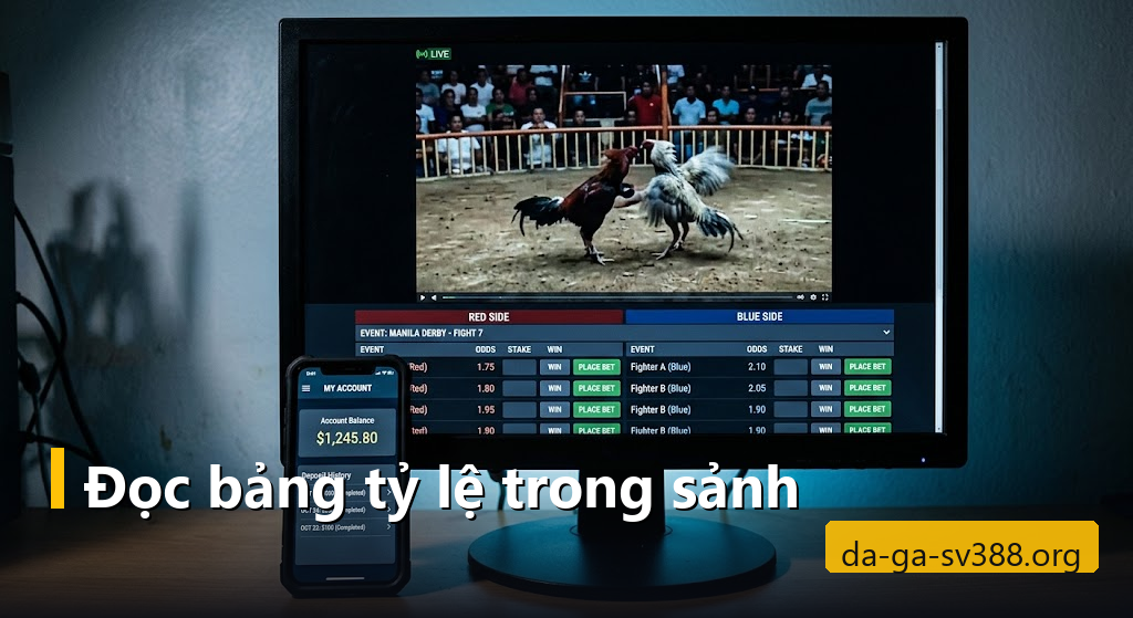 Màn hình máy tính chia đôi giữa video trận đá gà và bảng tỷ lệ kèo
