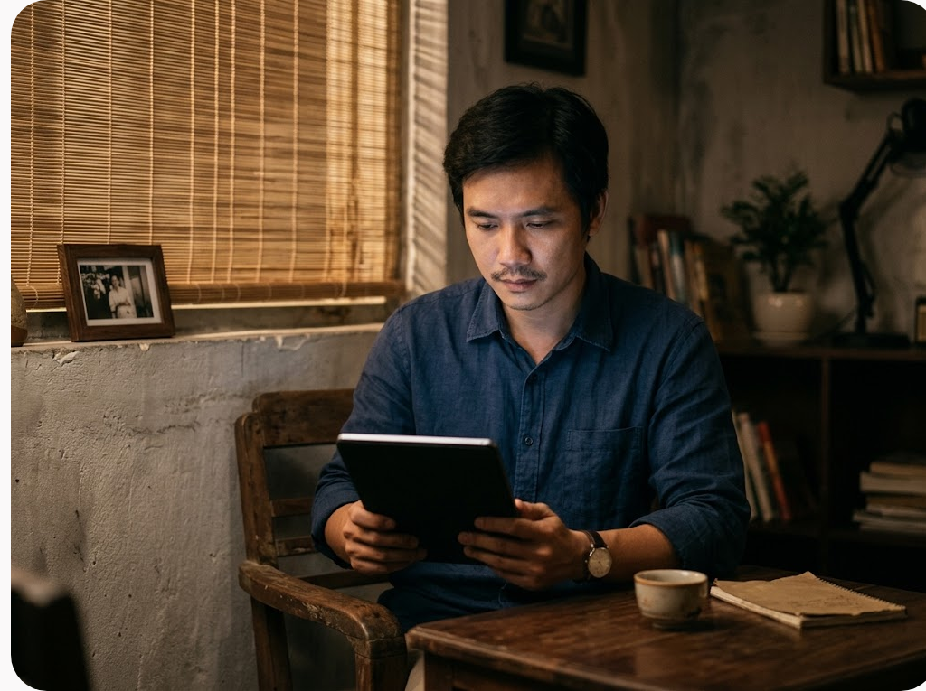 Người đàn ông ngồi bên bàn gỗ trong phòng sáng dịu, chăm chú nhìn màn hình máy tính bảng