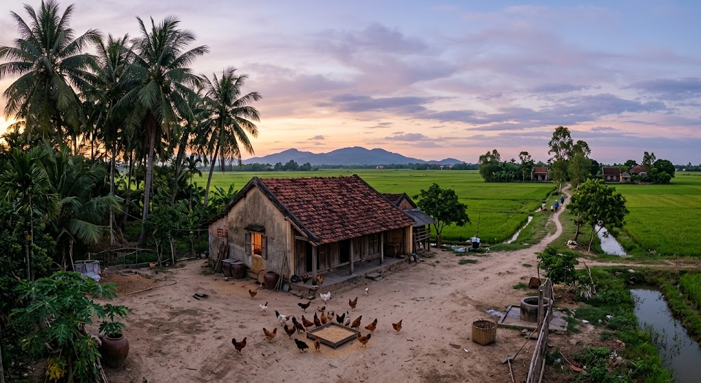 Trang trại vùng quê Việt Nam lúc hoàng hôn với mái ngói thấp, hàng dừa và đàn gà trong sân