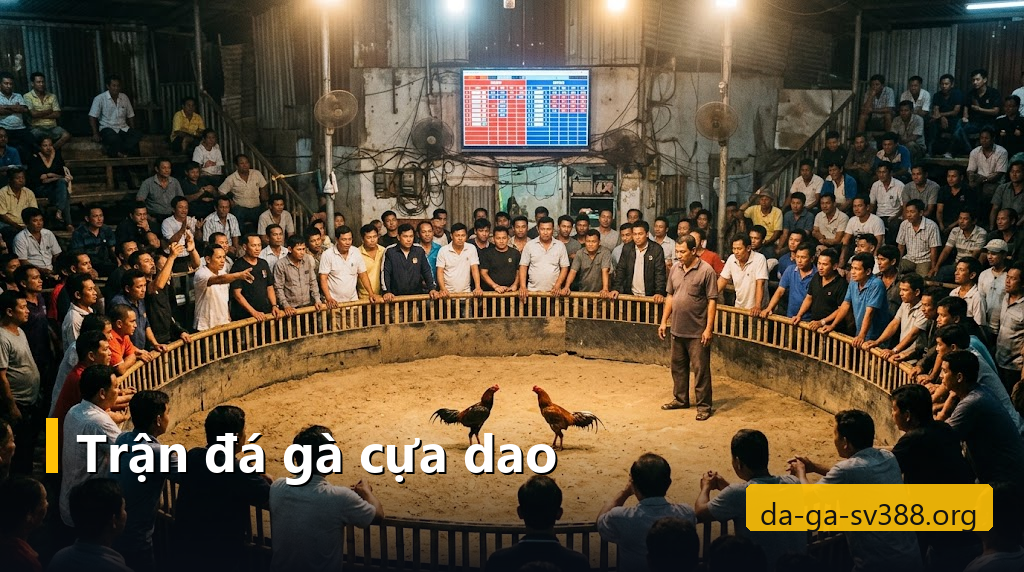 Trường gà vòng tròn nền cát với hai chiến kê đối mặt dưới đèn và bảng tỷ lệ đỏ xanh