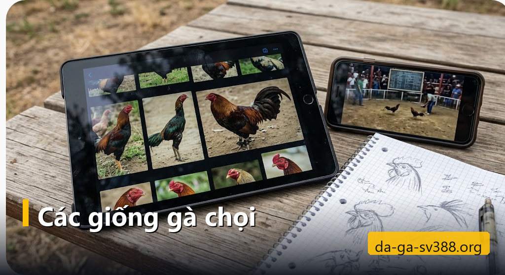 Máy tính bảng hiển thị các giống gà chọi cạnh điện thoại đang phát trận đá gà