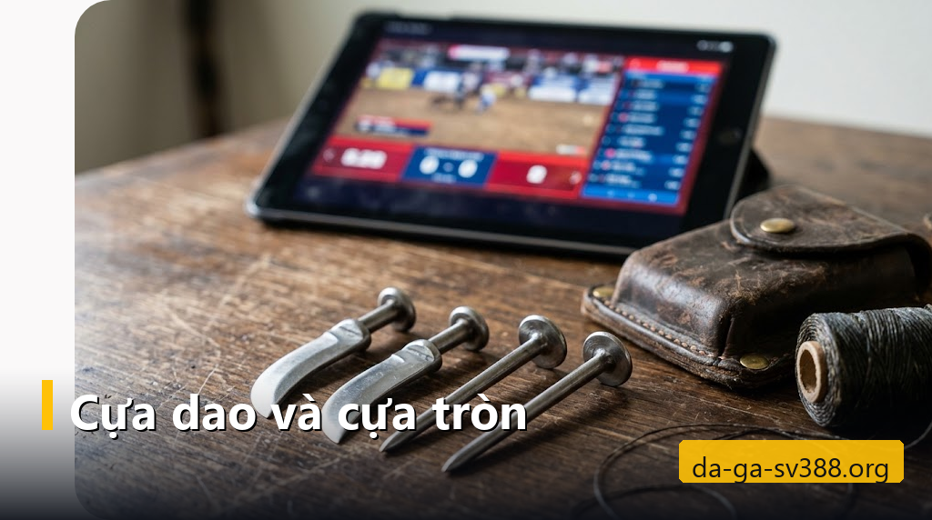 Cựa dao lưỡi dẹt và cựa tròn đặt cạnh nhau trên bàn gỗ bên máy tính bảng phát trận