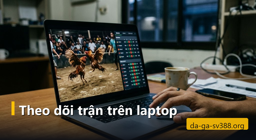Laptop hiển thị hai chiến kê và bảng tỷ lệ kèo trực tiếp