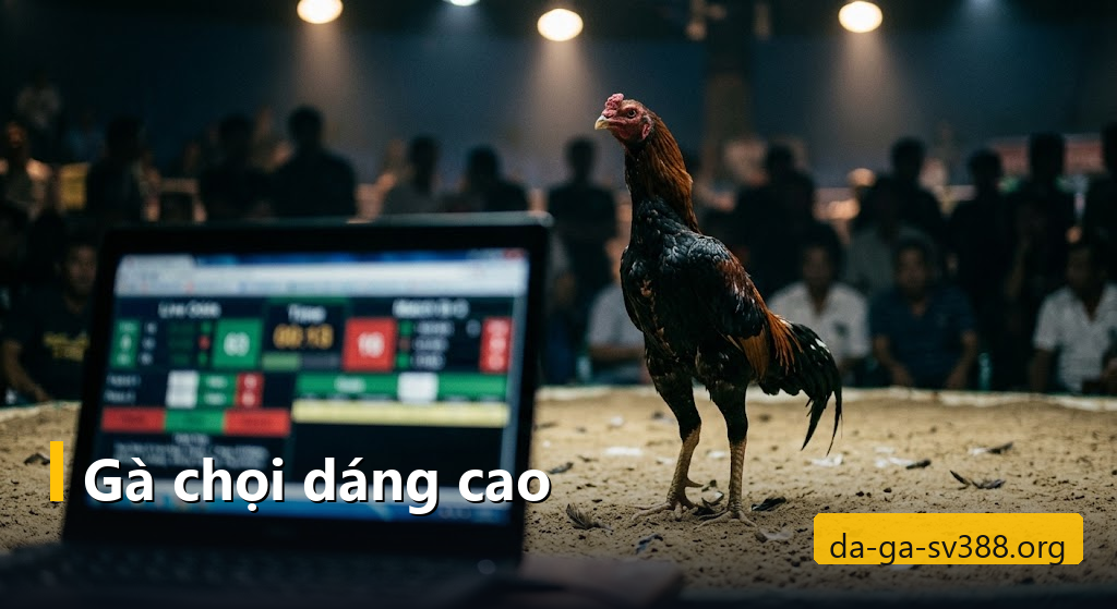 Gà chọi dáng cao đứng thẳng trong trường đấu cát dưới đèn sáng