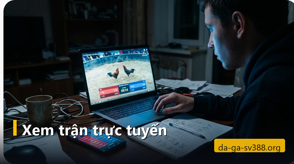 Người xem trực tiếp đá gà trên laptop với bảng tỷ lệ đỏ xanh và sổ ghi chép bên cạnh