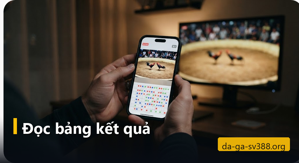 Điện thoại phát trận đá gà kèm bảng kết quả các chấm đỏ, xanh và xanh lá