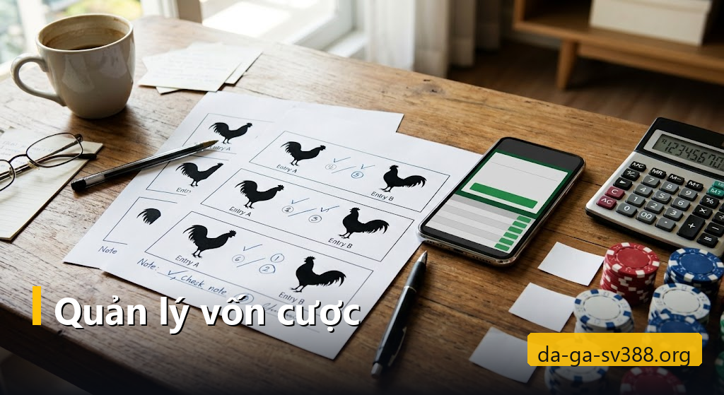 Bàn phân tích kèo đá gà với phiếu cược và chip quản lý vốn