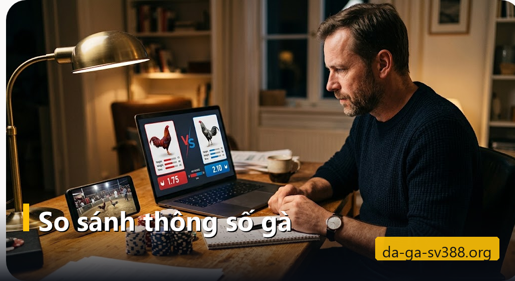 Laptop so sánh thông số hai gà chọi đỏ xanh cạnh điện thoại phát trận trực tiếp