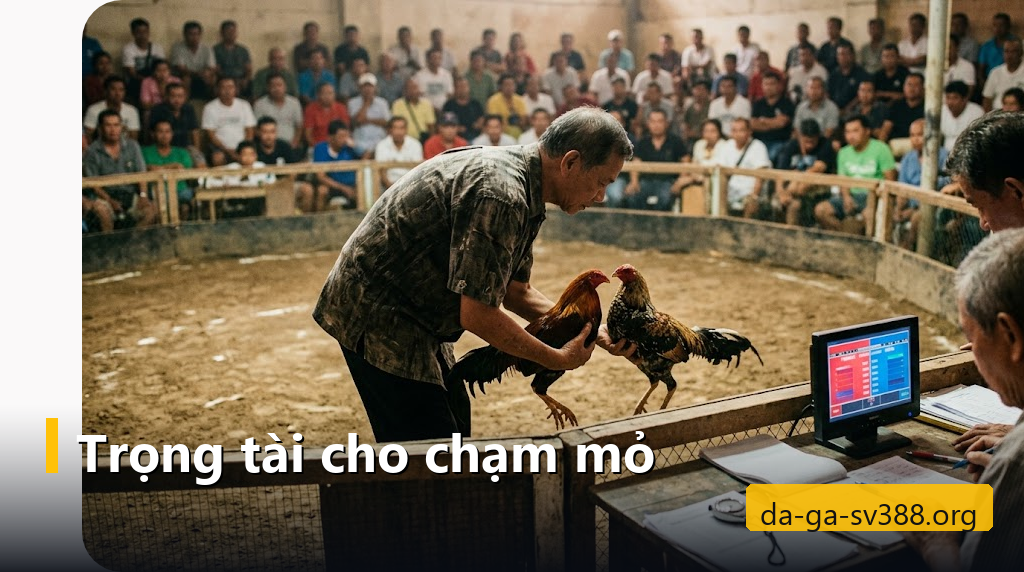 Trọng tài cầm hai chiến kê cho chạm mỏ giữa vòng đấu, bàn giám khảo có đồng hồ bấm giờ