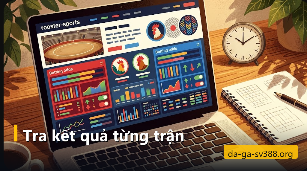 Bảng kết quả trường gà trên máy tính cạnh sổ ghi và đồng hồ