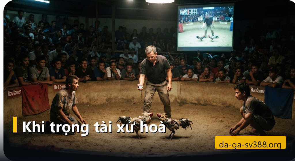 Trọng tài đứng giữa hai chiến kê trên sàn cát, người cầm gà quỳ ở hai góc đỏ xanh
