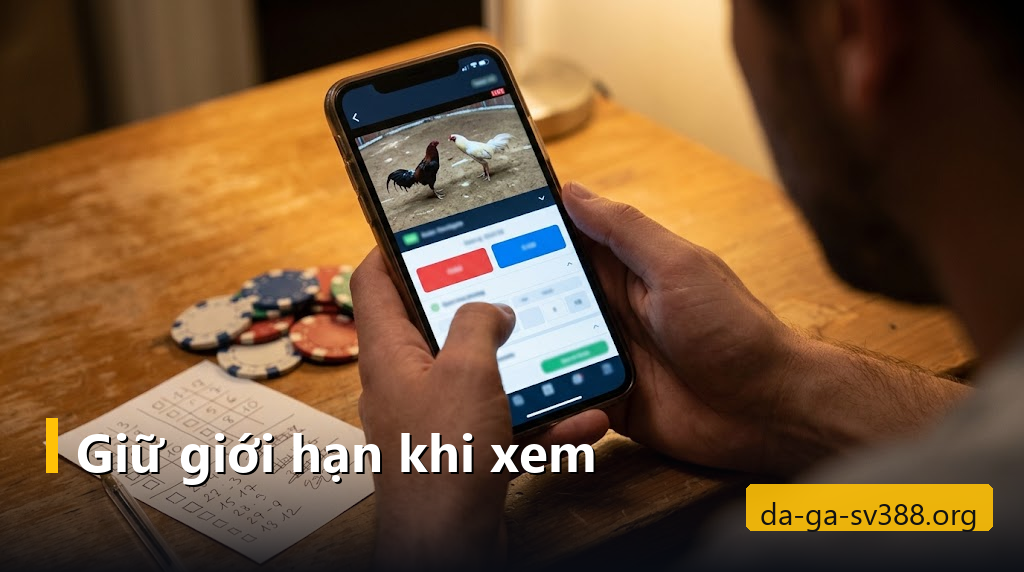 Tay cầm điện thoại xem trận đá gà trực tuyến cạnh tờ giấy ghi ngân sách và chồng chip