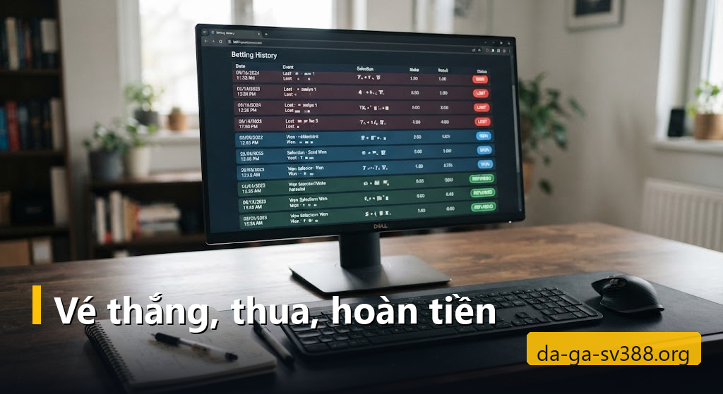 Màn hình lịch sử cược đá gà với các vé thắng, thua và hoàn tiền theo màu