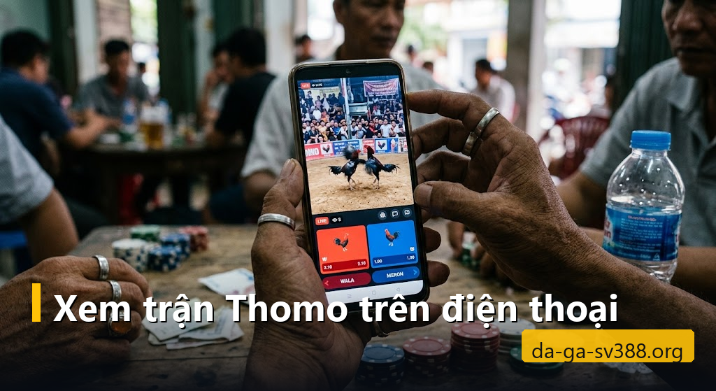 Điện thoại hiển thị trận đá gà Thomo cùng chip và nước uống